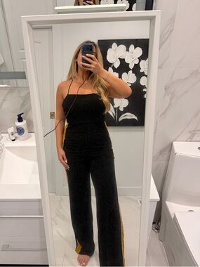 Kookai Black Strapless Wide-Leg Jumpsuit with Yellow Side Stripe
